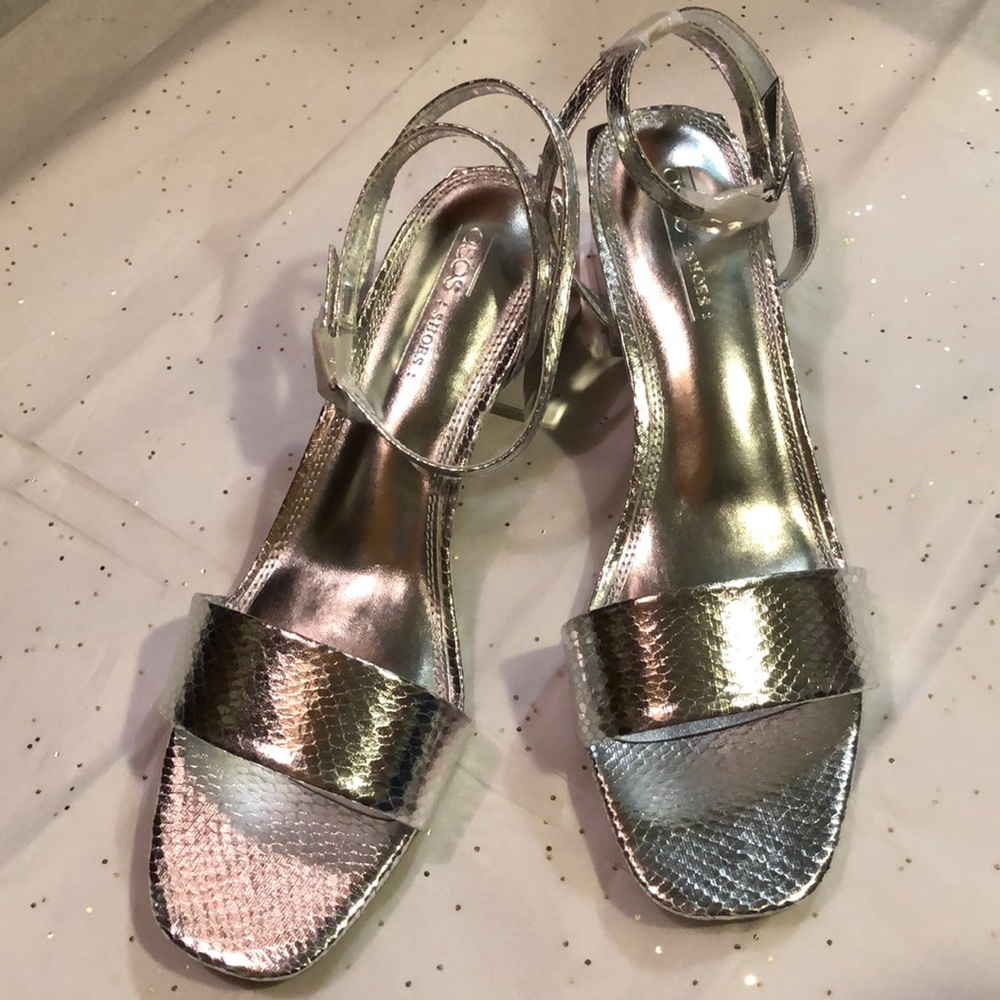 Silver ASOS blocked heeled sandals.